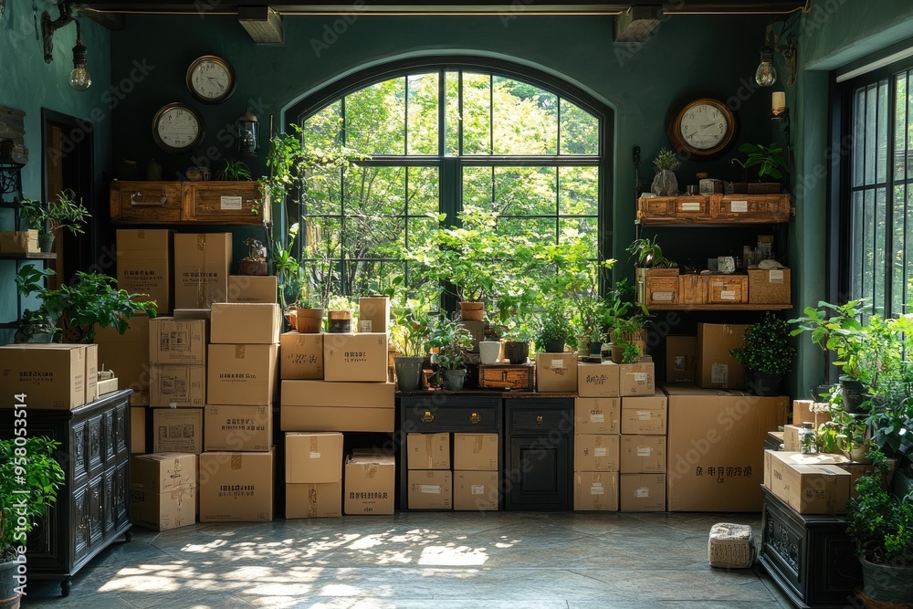 A room with large windows and stacks of cardboard boxes. This image can be used for a blog about moving or home organization. A room with large windows and stacks of cardboard boxes. This image can be used for a blog about moving or home organization.