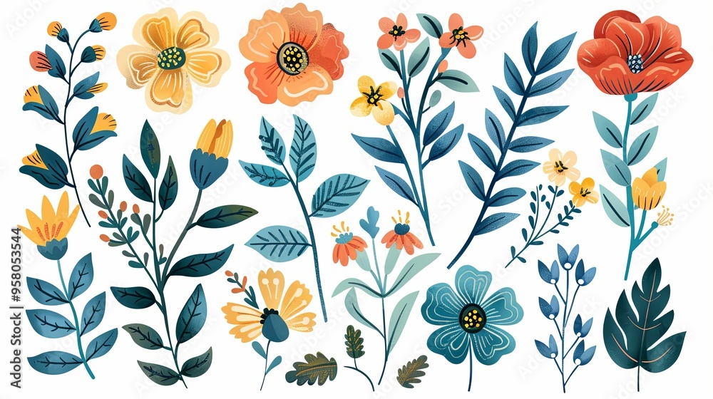 A Collection of Stylized Flowers and Foliage in Blue, Yellow, and Orange Hues A Collection of Stylized Flowers and Foliage in Blue, Yellow, and Orange Hues