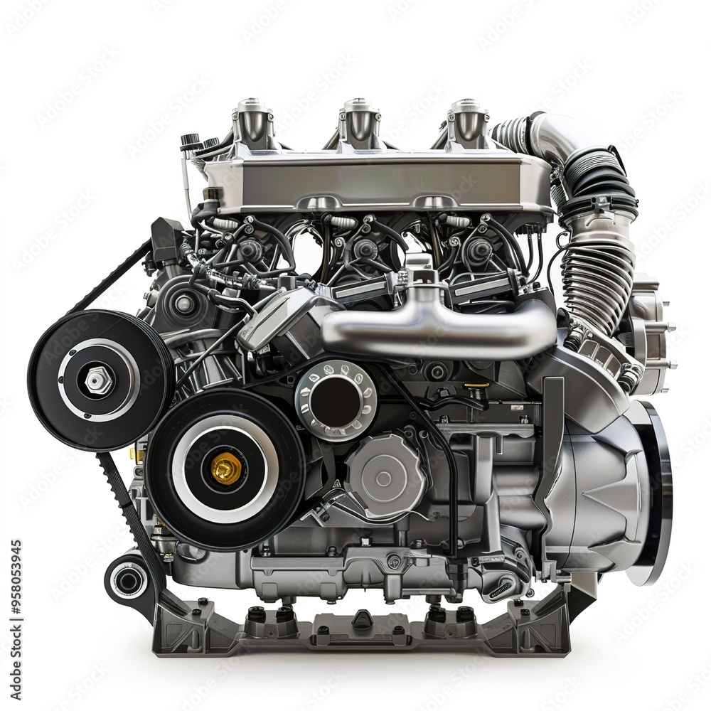 Detailed close up of a powerful motor against a pristine white backdrop isolated on white Detailed close up of a powerful motor against a pristine white backdrop isolated on white