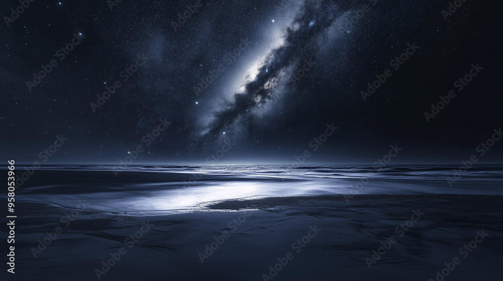 The starry sky shines on the beach, with dark gray sand and shallow water in front of it