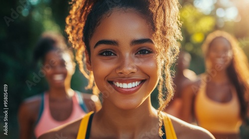 A woman with a smile on her face is standing in front of two other women. The women are wearing matching yellow tank tops