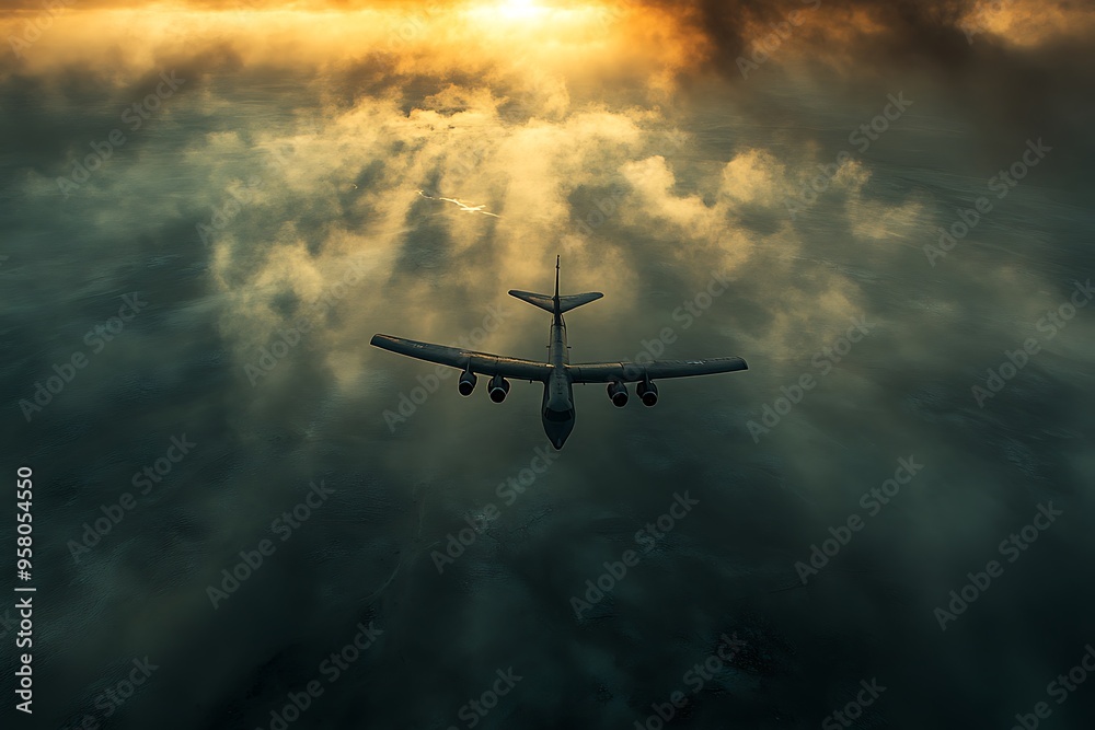 A lone aircraft soars above a desolate battlefield, a symbol of modern warfare's power. A lone aircraft soars above a desolate battlefield, a symbol of modern warfare's power.