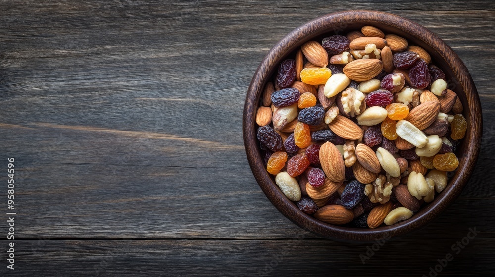 A bowl of mixed nuts and dried fruits, placed on a wooden table, ideal for illustrating healthy snacking habits. Plenty of space for copy or text. A bowl of mixed nuts and dried fruits, placed on a wooden table, ideal for illustrating healthy snacking habits. Plenty of space for copy or text.