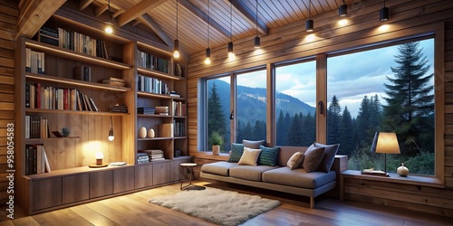 A warm and inviting cabin interior features a dimmable LED ceiling light above a plush reading nook, where