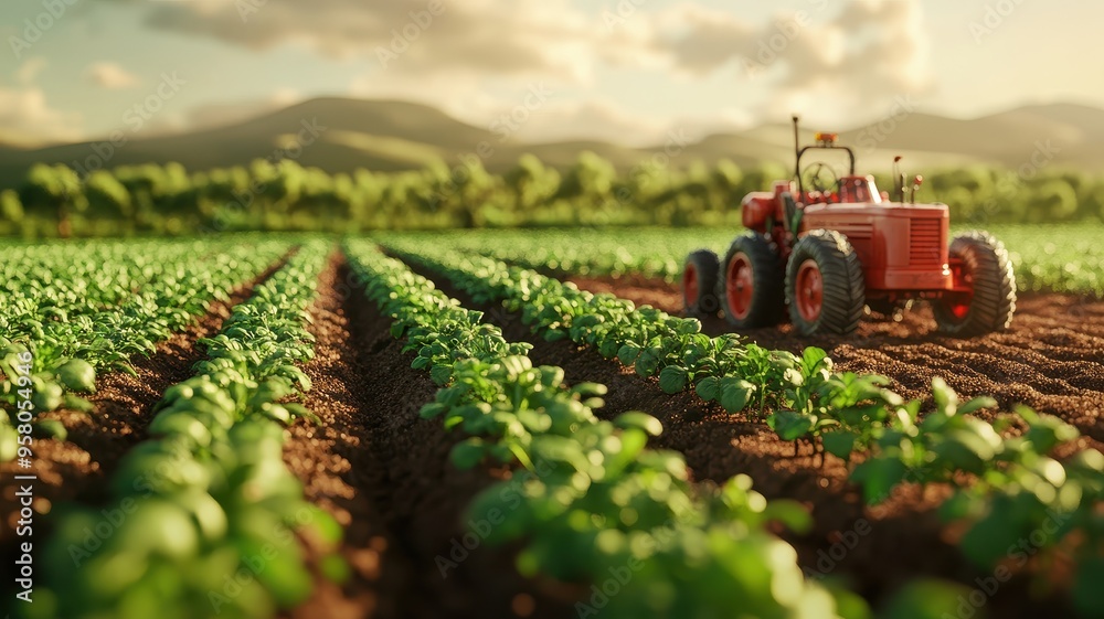 A vibrant tractor working through lush green rows of crops in a serene agricultural landscape under a warm sky. A vibrant tractor working through lush green rows of crops in a serene agricultural landscape under a warm sky.