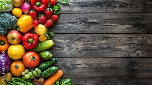 A colorful assortment of fresh fruits and vegetables arranged on a wooden table, showcasing a vibrant and healthy food concept. Ample copy space for text or branding.