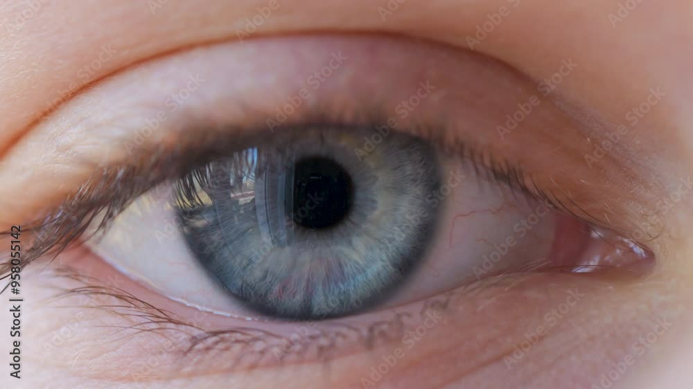 Close-up of Person's Eye With Blue Iris. Blue Eye of Child Looking at Camera Close Up. Macro Shot Opening and Closing Blue Eyes Little Girl. Motion of Children Eyes. Human Eye Iris Opening Pupil.