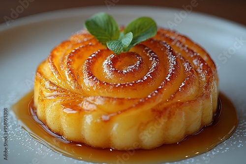 A golden, crispy tulumba dessert drizzled with syrup on a plate. photo