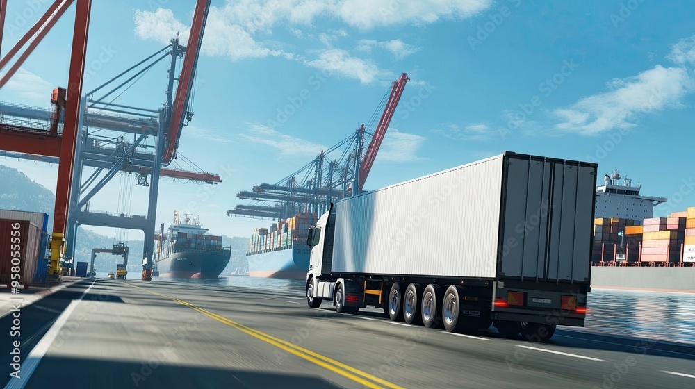 A semi-trailer truck driving through a busy port with container ships and cranes in the background. A semi-trailer truck driving through a busy port with container ships and cranes in the background.