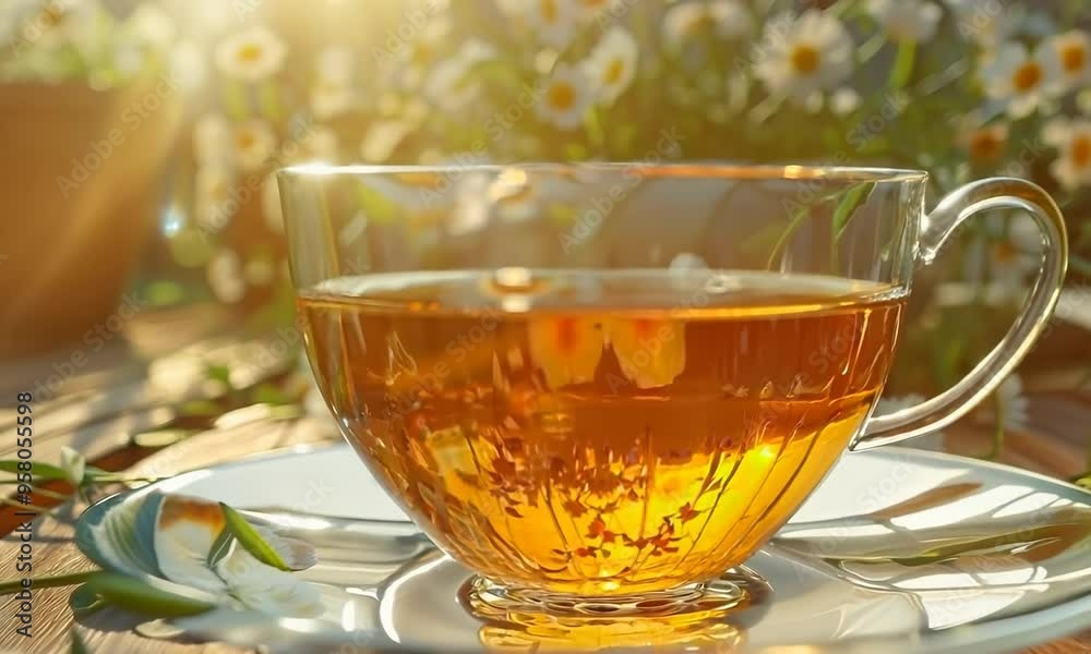 The tea is hot and the flowers are in full bloom, creating a serene Video The tea is hot and the flowers are in full bloom, creating a serene Video