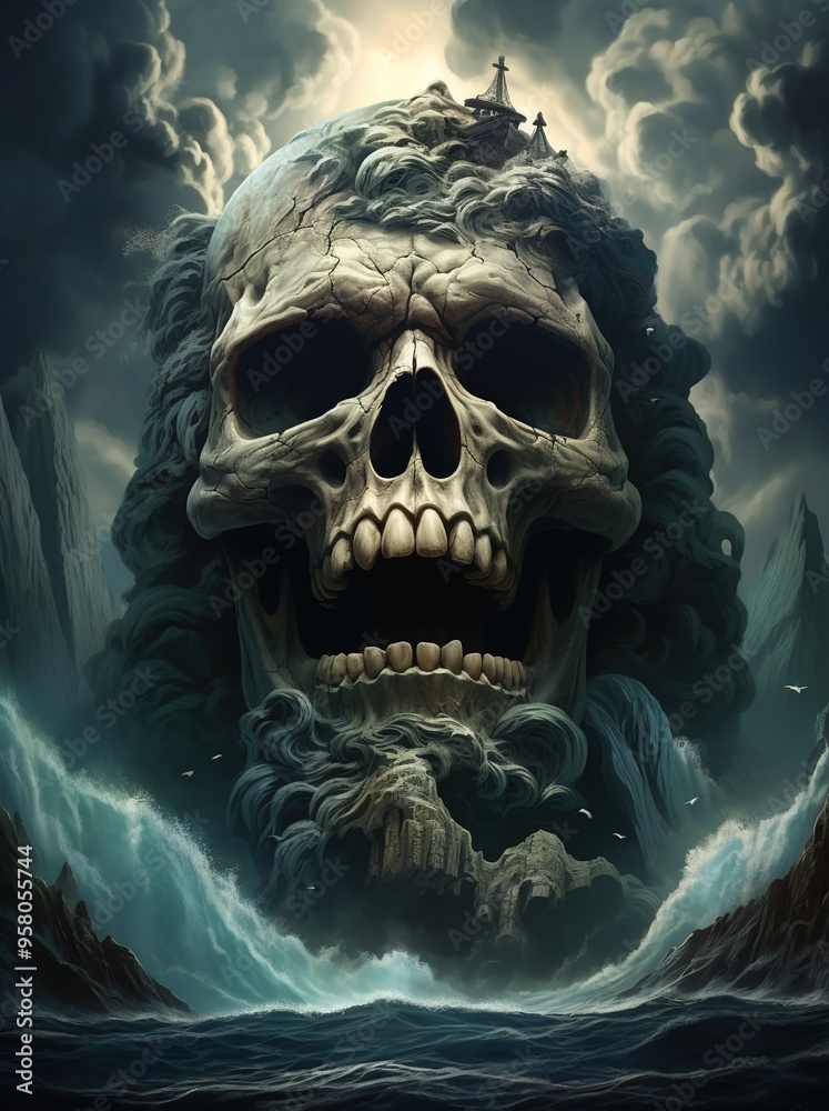 A skull carved into the side of an island, surrounded by stormy seas A skull carved into the side of an island, surrounded by stormy seas