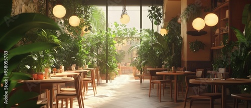 Bright and inviting restaurant interior with lush greenery and cozy wooden tables, creating a serene dining atmosphere. photo