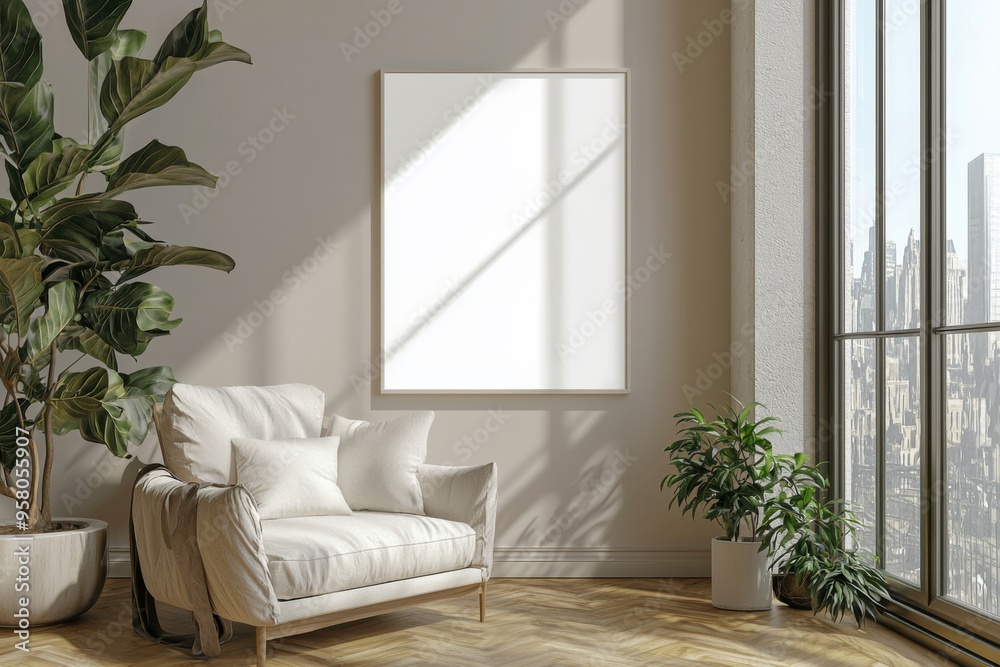 Fototapeta premium Poster Frame in Beige minimalist living room interior created with generative AI