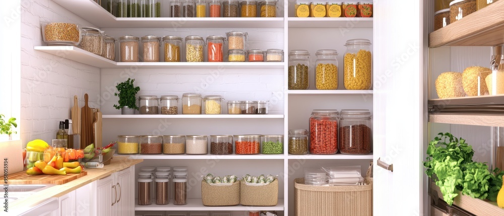 custom made wallpaper toronto digitalBright and organized pantry showcasing jars of spices, grains, and herbs, ideal for home cooking inspiration.