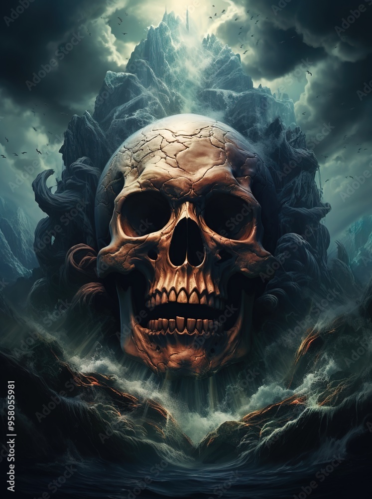 A skull carved into the side of an island, surrounded by stormy seas A skull carved into the side of an island, surrounded by stormy seas
