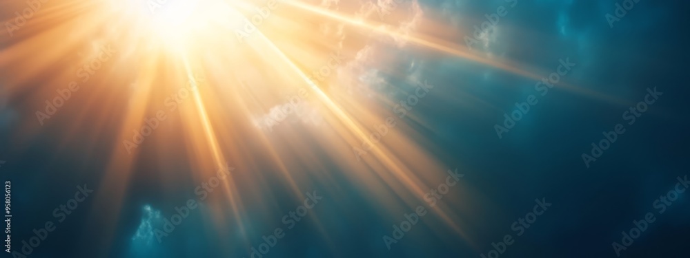 The sun radiates brilliantly, illuminating a blue-yellow sky dotted with clouds Sunlight streams from clouds' tops The sun radiates brilliantly, illuminating a blue-yellow sky dotted with clouds Sunlight streams from clouds' tops