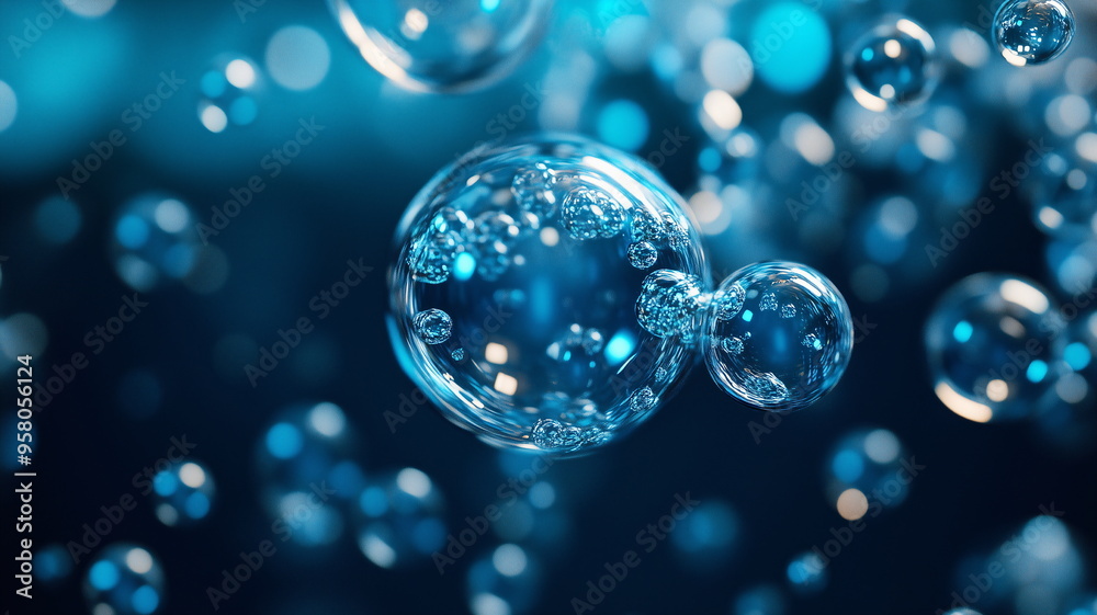 Floating translucent blue bubbles cascading in a dark, ethereal environment Floating translucent blue bubbles cascading in a dark, ethereal environment