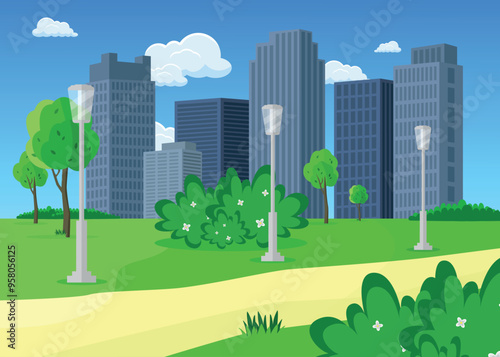 City park with modern street lighting and a pedestrian path. Business center in the background.