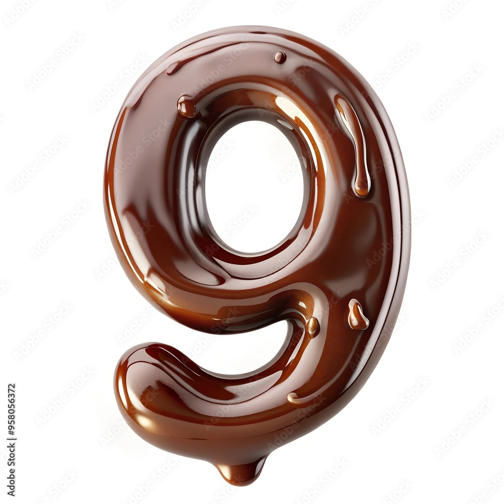 number 9 with melted chocolate effect on white background. number decoration style