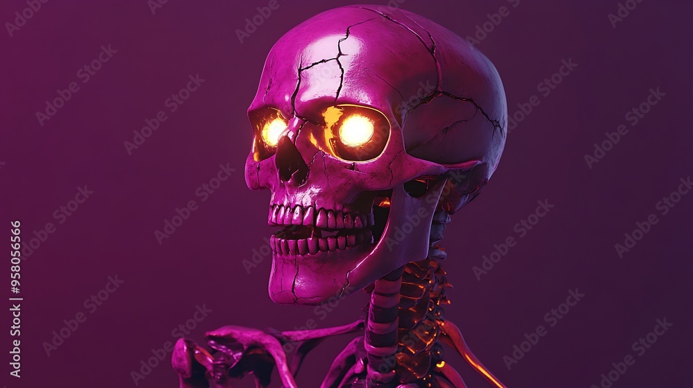 A sharp, detailed photo of a skeleton is face, with glowing eyes and cracks visible on the skull. The background is solid dark purple, making the bones appear vividly clear. A sharp, detailed photo of a skeleton is face, with glowing eyes and cracks visible on the skull. The background is solid dark purple, making the bones appear vividly clear.