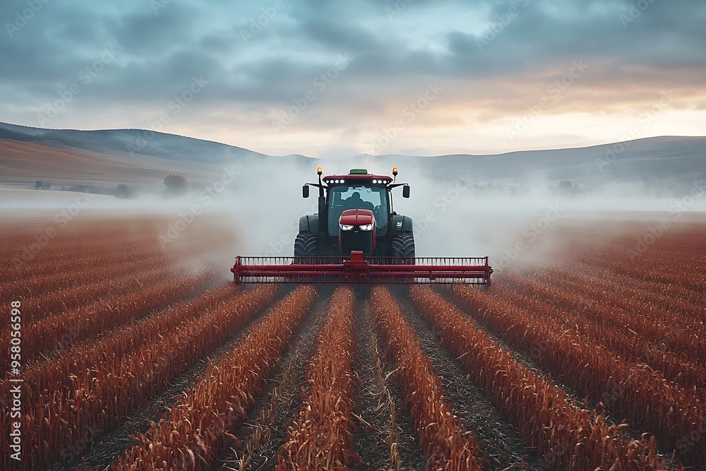 Fototapeta premium A tractor harvests crops at sunset, showcasing modern farming technology.