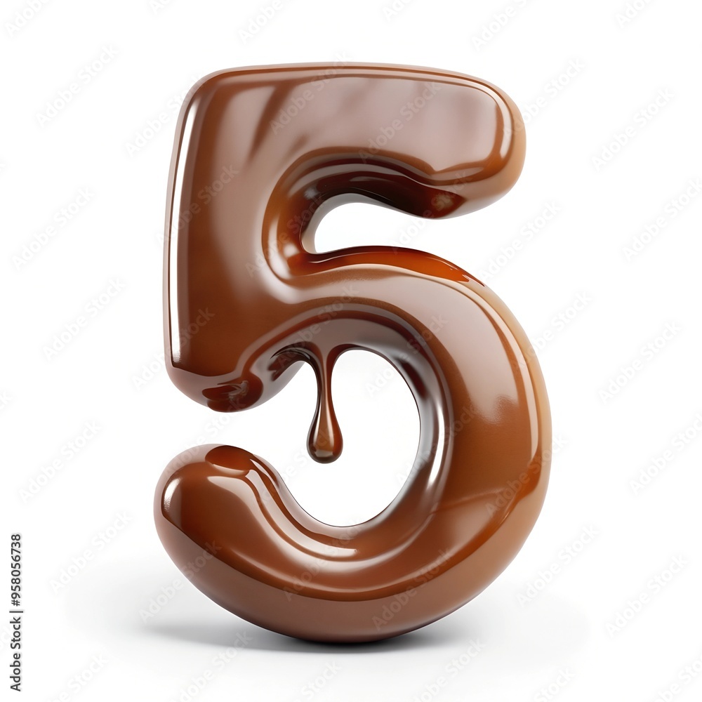 number 5 with melted chocolate effect on white background. number decoration style number 5 with melted chocolate effect on white background. number decoration style