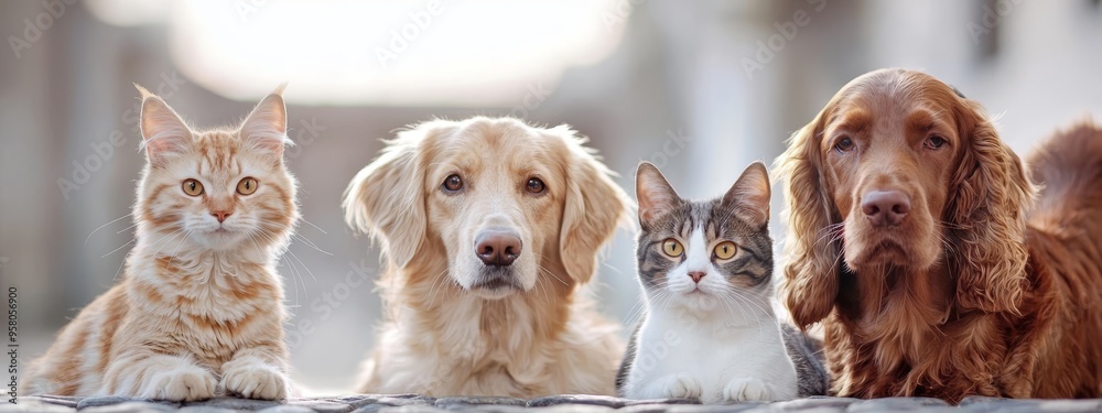 A group of dogs and a cat seated together on a bed; one dog gazes at the camera A group of dogs and a cat seated together on a bed; one dog gazes at the camera