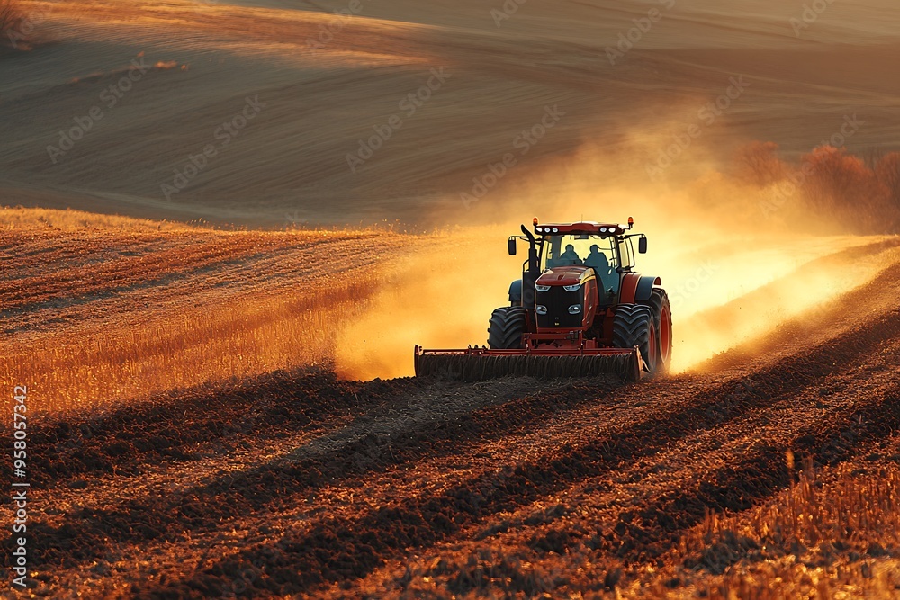 Obraz premium A lone tractor plows a field at sunset, creating a powerful image of agriculture.