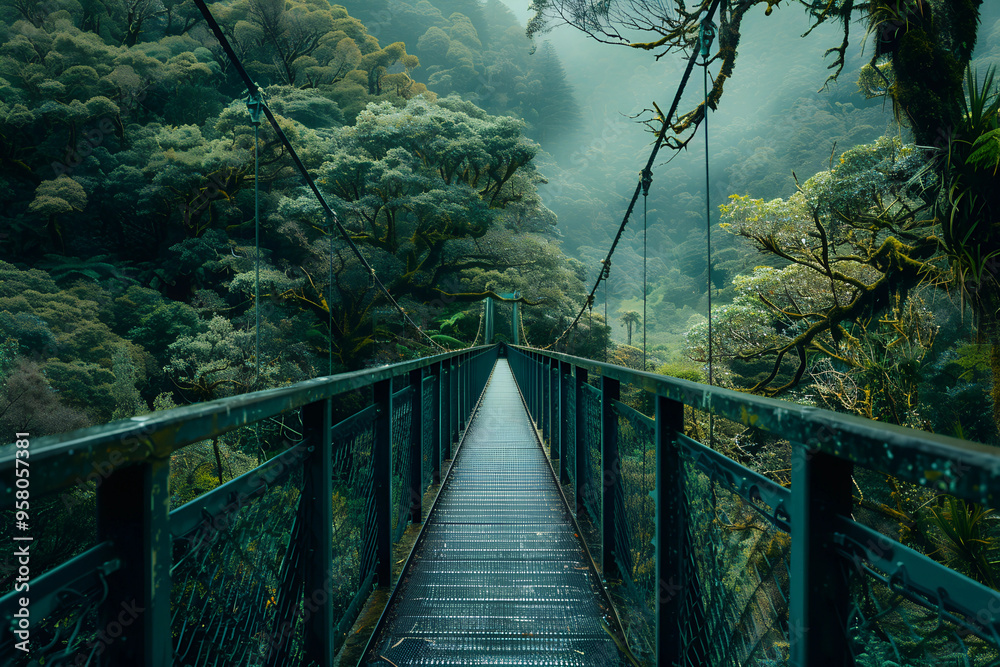 Obraz premium A misty tropical jungle with a bridge cutting through dense, lush greenery