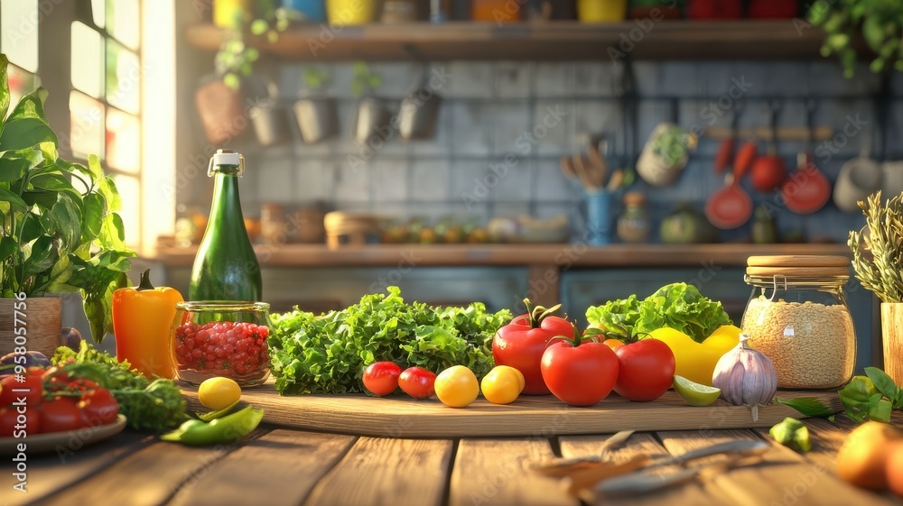 Fresh vegetables on a wooden table in a rustic kitchen, showcasing vibrant colors and healthy ingredients for cooking. Fresh vegetables on a wooden table in a rustic kitchen, showcasing vibrant colors and healthy ingredients for cooking.