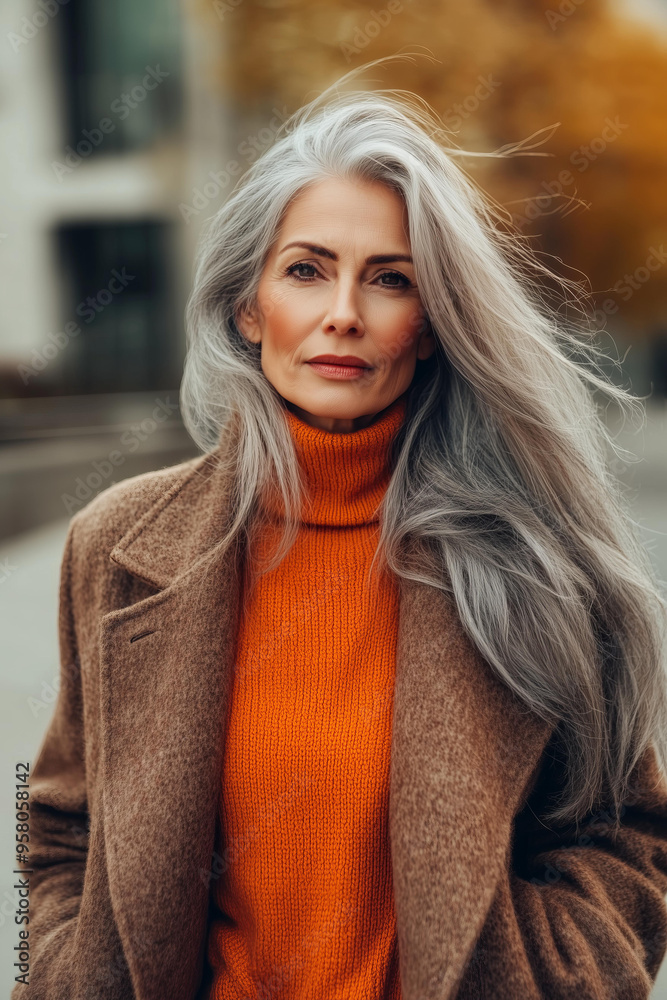 Fototapeta premium beautiful, elegant senior woman in a orange sweater and brown coat, with long grey hair, walking on the autumn street and looking at the camera. Concept for business success, fashion and aging