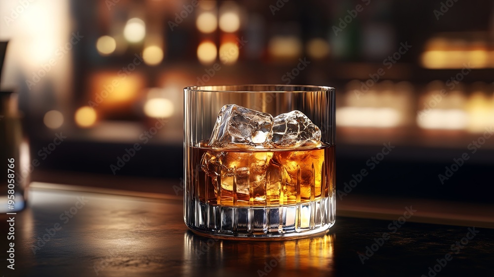 A glass of liquor with ice cubes in it sits on a bar counter A glass of liquor with ice cubes in it sits on a bar counter