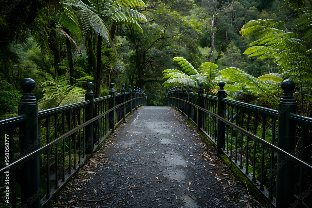 Obraz premium A misty tropical jungle with a bridge cutting through dense, lush greenery