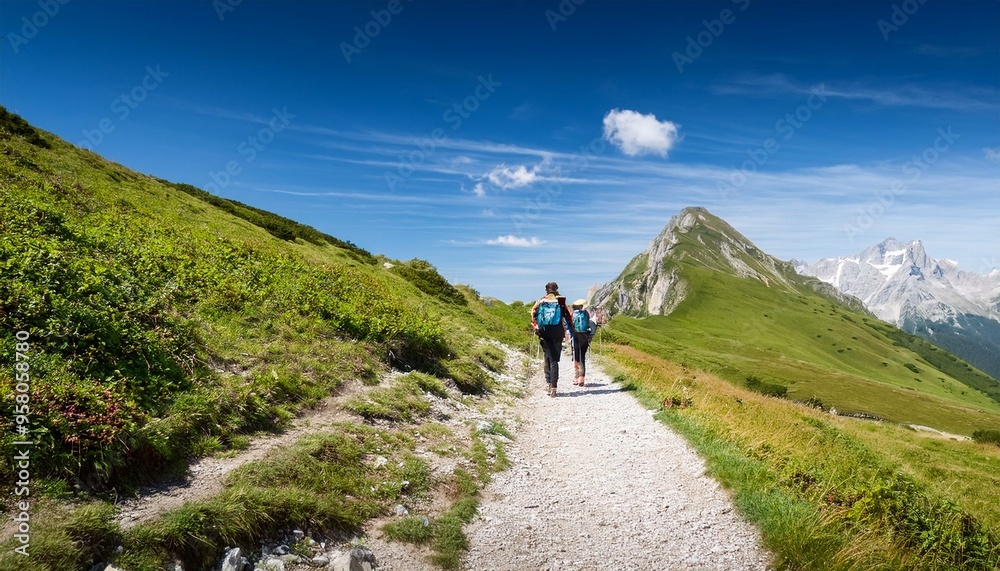 Tourists hiking along the mountain path, hills and a blue sky Tourists hiking along the mountain path, hills and a blue sky