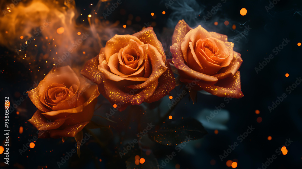 orange roses with glitter and orange smoke in the background, close-up, dark, gothic style,halloween orange roses with glitter and orange smoke in the background, close-up, dark, gothic style,halloween