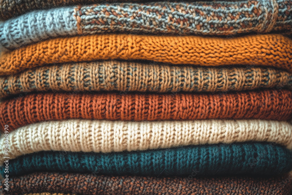 stack of knitted sweaters in various shades, arranged neatly and stacked on top of each other. The colors include warm browns, soft oranges, deep greens, and light blues, creating an inviting texture stack of knitted sweaters in various shades, arranged neatly and stacked on top of each other. The colors include warm browns, soft oranges, deep greens, and light blues, creating an inviting texture