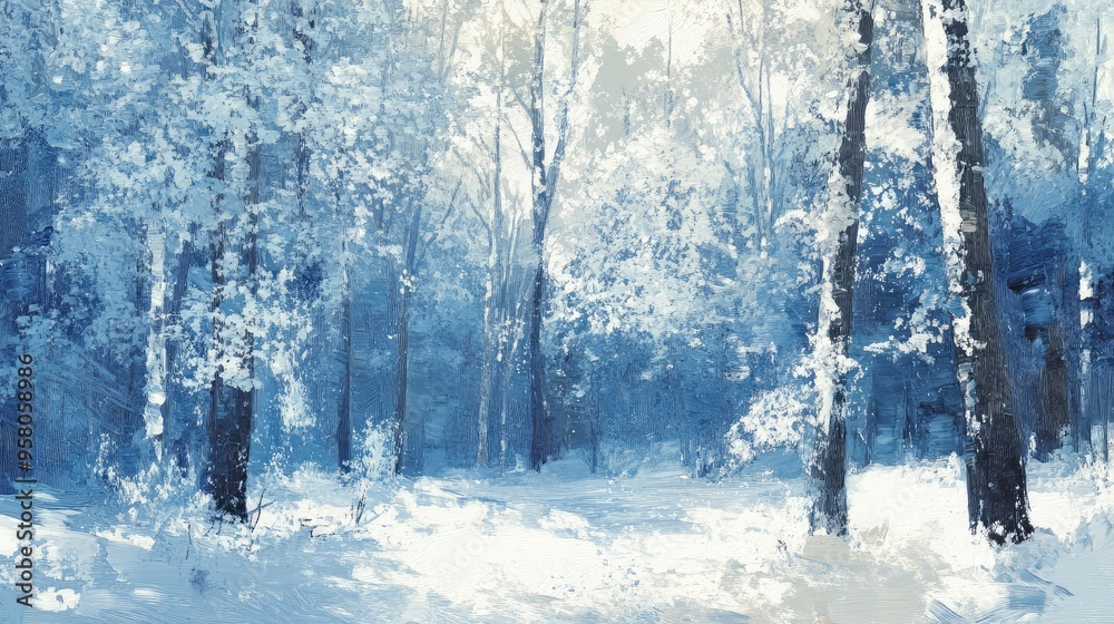 Abstract depiction of a snow-covered forest, with cool blues and whites creating a serene winter landscape Abstract depiction of a snow-covered forest, with cool blues and whites creating a serene winter landscape