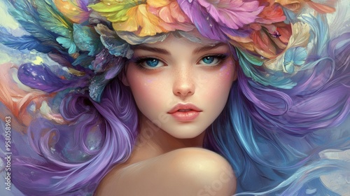 A beautiful woman with colorful hair wearing a flower crown, AI