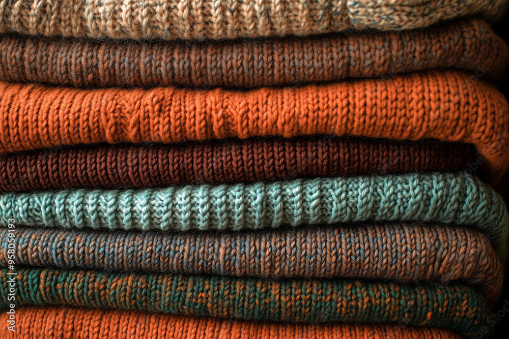 stack of knitted sweaters in various shades, arranged neatly and stacked on top of each other. The colors include warm browns, soft oranges, deep greens, and light blues, creating an inviting texture stack of knitted sweaters in various shades, arranged neatly and stacked on top of each other. The colors include warm browns, soft oranges, deep greens, and light blues, creating an inviting texture