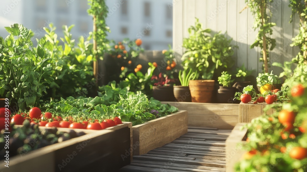 Vibrant rooftop garden showcasing a variety of fresh vegetables and herbs, perfect for urban gardening enthusiasts. Vibrant rooftop garden showcasing a variety of fresh vegetables and herbs, perfect for urban gardening enthusiasts.