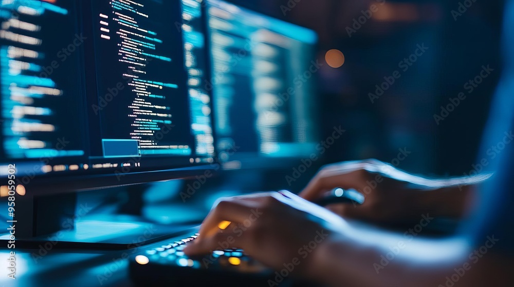 Developer optimizing performance, virtual screens, advanced tech design Developer optimizing performance, virtual screens, advanced tech design