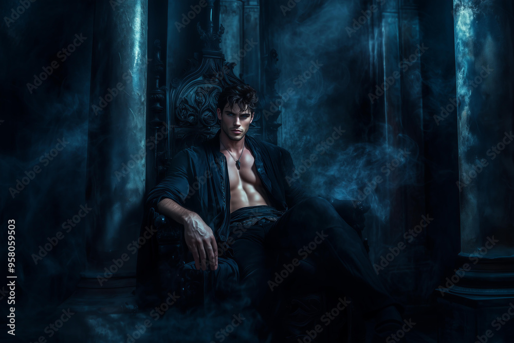 handsome man with dark hair, blue eyes, and a muscular body wearing fantasy outfit sits casually on a black throne in the castle , wearing all-black , shadows swirling around him. handsome man with dark hair, blue eyes, and a muscular body wearing fantasy outfit sits casually on a black throne in the castle , wearing all-black , shadows swirling around him.