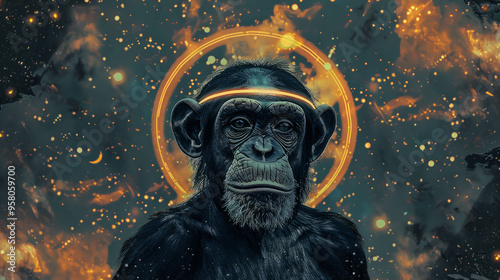 monkey deity with a glowing halo over Earth in a surreal photonegative refractograph. AI generative. photo