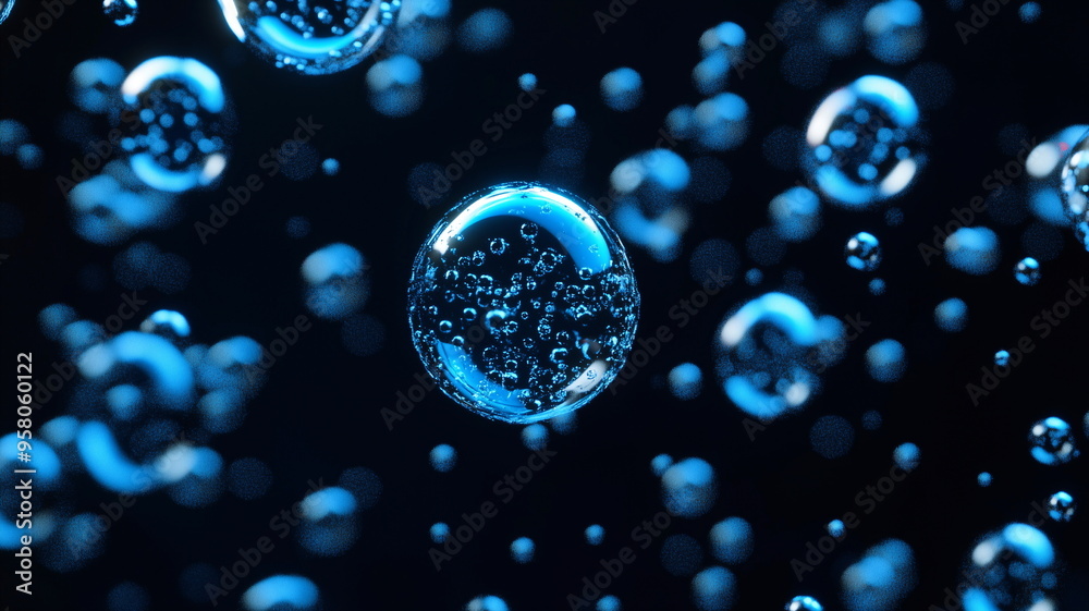 A mesmerizing pattern of floating blue bubbles in a dark abstract environment A mesmerizing pattern of floating blue bubbles in a dark abstract environment
