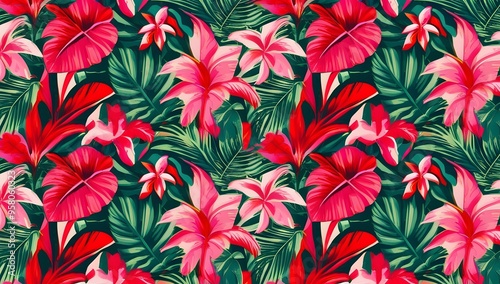 beauty tropical red flowers pattern background with leaves