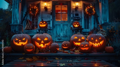 2. Spooky jack-o'-lanterns glowing on a porch at night