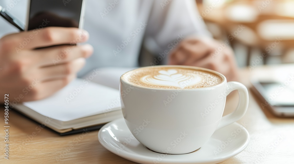 Enjoying a morning coffee while taking notes in a cozy café setting with warm lighting Enjoying a morning coffee while taking notes in a cozy café setting with warm lighting
