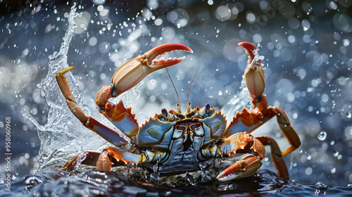 Crab, splashing water, photography poster, solid color background, AI Generative photo