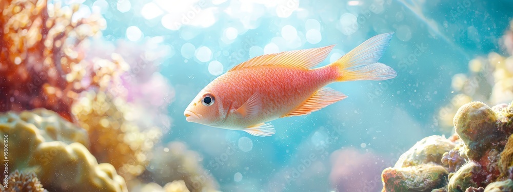 A tight shot of a goldfish swimming in an aquarium, surrounded by corals in the foreground A tight shot of a goldfish swimming in an aquarium, surrounded by corals in the foreground