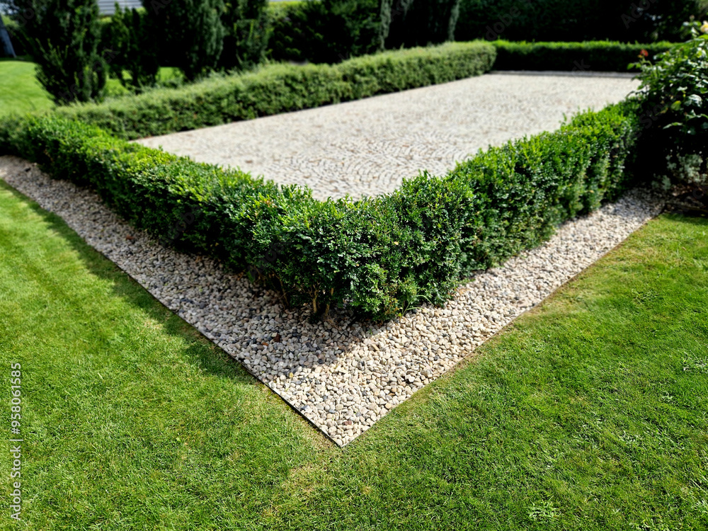 cut squares of flowerbed edging in a historic garden made of boxwood hedges. courtyard of castle along cobblestone path row of squares frozen ice, snowing evergreen topiary, ivy, creeper, above, top cut squares of flowerbed edging in a historic garden made of boxwood hedges. courtyard of castle along cobblestone path row of squares frozen ice, snowing evergreen topiary, ivy, creeper, above, top